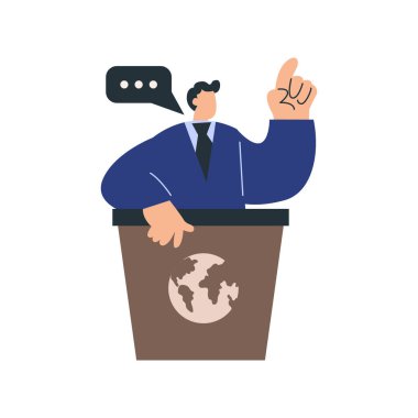 Mavi takım elbiseli ve eldivenli bir adam elinde bir çöp tenekesi tutuyor. vektör illüstrasyonu