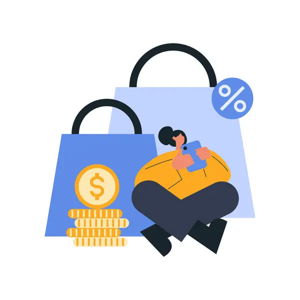 Bozuk paralar ve akıllı telefon vektör tasarımlı alışveriş çantası