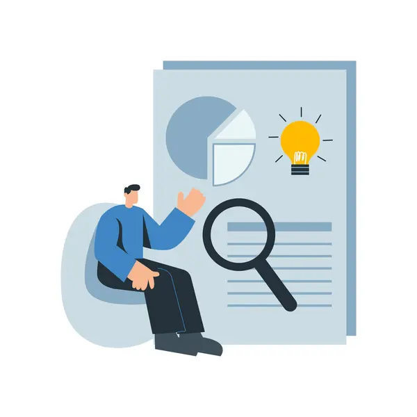 Büyüteç camlı iş adamı ve belgesel vektör çizimine sahip ampul