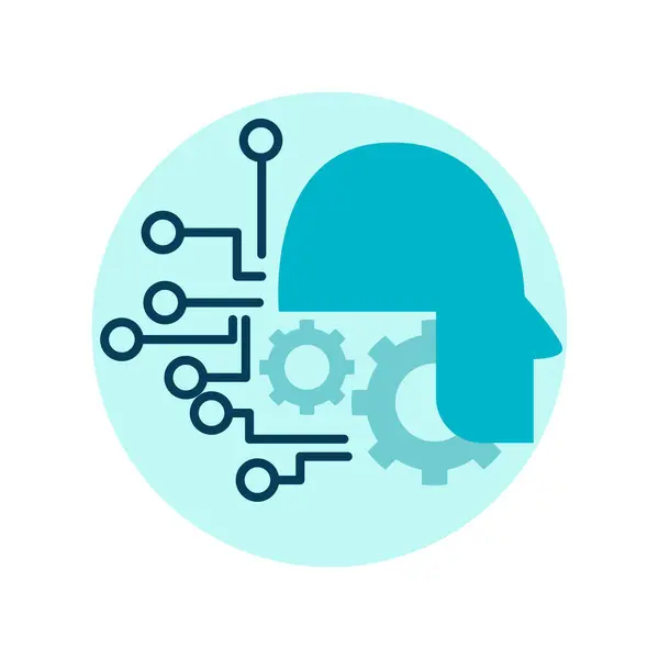 Beyaz arkaplan üzerinde beyin ve devre kartı simgesi olan robot, vektör illüstrasyonu