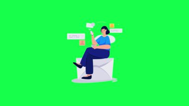Dizüstü bilgisayarı olan kadın sandalyede oturuyor. İş konsepti, iletişim, online alışveriş, internet, teknoloji. modern düz vektör illüstrasyonu