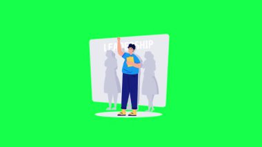 Genç erkek karakter boş afiş ya da poster gösteriyor.