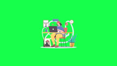 Laptoplu genç kadın yeşil ekranlı sandalyede oturuyor. Modern teknoloji, iletişim, internet, online eğitim kavramı. ev için modern sanat tasarımı