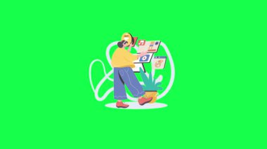 Kulaklıklı dizüstü bilgisayarı olan bir kadın müzik dinliyor..