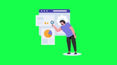 Dizüstü bilgisayar ve büyüteç kullanan genç bir adamın vektör izometrik çizimi.