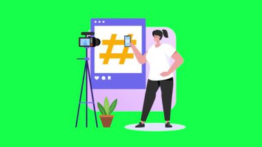 Akıllı telefonu ve yeşil arka planda dizüstü bilgisayarı olan bir adam. vektör illüstrasyonu.