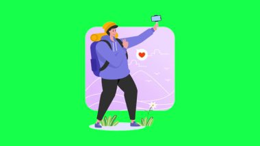 Sırt çantası ve akıllı telefonu olan bir adam. vektör illüstrasyonu.