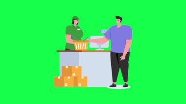 Yeşil arka planda paketi ve paketi olan erkek kurye. Erkek ve kadın karakter müşterilere paket dağıtıyor..