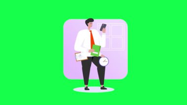 Akıllı telefonlu bir iş adamı. Çizgi film tarzında vektör illüstrasyonu. Tabletli ve akıllı telefonlu adam..