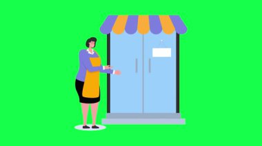 Vektör çizimi. Sırt çantalı bir kadın. Bir turist açık bir kapı boyunca yürüyor. Bir adam kapısının yanında duruyor..