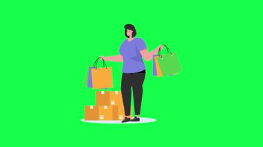 Alışveriş çantalı genç bir kadının tam boy portresi..