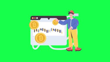 Ekranda bitcoin olan bir dizüstü bilgisayar kullanan iş adamı