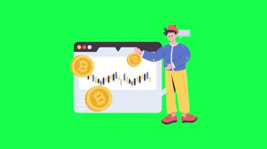 Bitcoin kripto para birimindeki iş adamı. Bitcoin madenciliği, kripto para birimi konsepti. Çizgi film tarzında vektör illüstrasyonu.