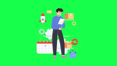 Laptoplu ve alışveriş çantalı bir adam. vektör illüstrasyonu.