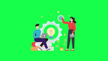 İş konsepti. Bir kadın ve erkeğin dizüstü bilgisayarla birlikte durduğu, anahtarla anahtar tuttuğu düz bir resim. Takım çalışması kavramı,