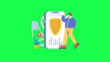 Akıllı telefon ve alışveriş arabası çizimi olan bir adam.