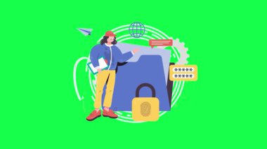 Takım elbiseli işadamı yeşil ekranda dizüstü bilgisayarlı, vektör illüstrasyonlu