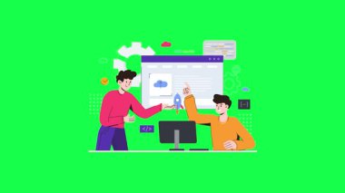 Dizüstü bilgisayar ve telefon ile çalışan iş ekibi, vektör illüstrasyonu