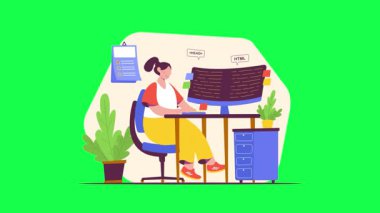 Dizüstü bilgisayarda çalışan kadın vektör illüstrasyonunda çalışıyor