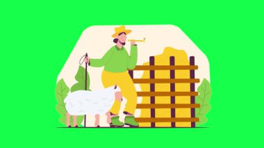 Çiftçisi ve çiftliği olan bir çiftçi. Yeşil arka planda kürek ve elma sepeti olan bir çiftçinin vektör çizimi.