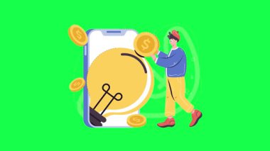 Cep telefonu ve bozuk parası olan bir adamın vektör çizimi. online para kavramı, çevrimiçi ödeme