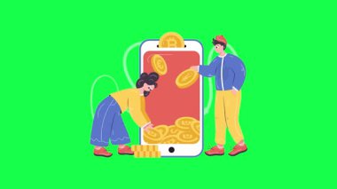 Online ödeme konsepti. Genç adam ve kadın sarı arka planda kredi kartı ve kredi kartı ile akıllı telefon kullanıyorlar..