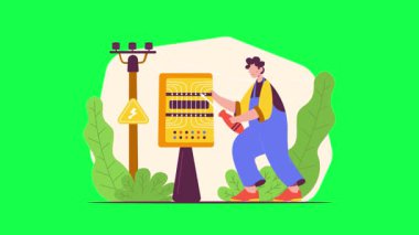 Korumalı maskeli erkek mühendis telsizi radyo kontrolüyle tutuyor. Telsiz kontrol radyosu olan adam. vektör düz çizgi film illüstrasyonu