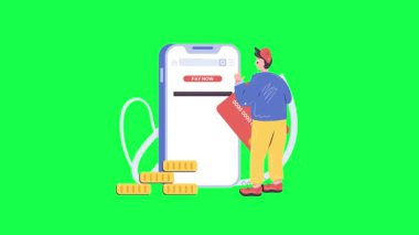 Online alışveriş, e-ticaret konsepti. Adam cep telefonu ve pos kartı kullanıyor. vektör illüstrasyonu.