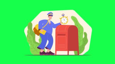 Yüz maskeli teslimatçı ve kutulu paket. Teslimat hizmeti kavramı. Elinde kutu olan kuryenin vektör düz karikatür çizimi. beyaz üzerine izole