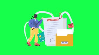 Tıbbi maskeli bir adam kese kağıdıyla pano tutuyor. Coronavirus, covid - 19. Vektör çizimi