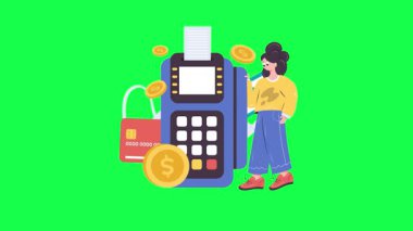 Akıllı telefonu ve alışveriş arabası olan bir kadın. vektör illüstrasyonu