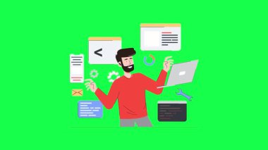 Dizüstü bilgisayar ve belge kullanan genç bir işadamının vektör çizimi