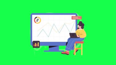 Dizüstü bilgisayarla çalışan bir kadın ve ekranda istatistikler. İş için konsept. vektör illüstrasyonu.