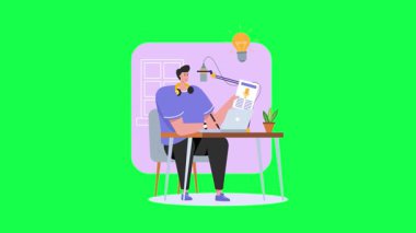 Genç erkek karakter dizüstü bilgisayar kullanıyor ve ofisinde notlar alıyor. vektör illüstrasyonu