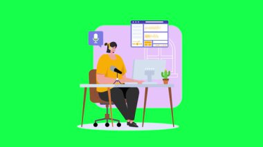 Genç adam ofiste dizüstü bilgisayarıyla oturup kahve içiyor. vektör illüstrasyonu.