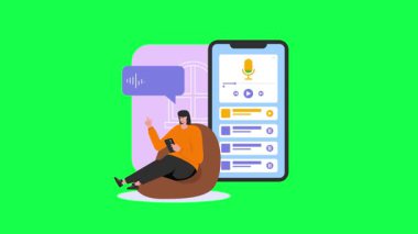 Siyah şapkalı genç adam sandalyede oturuyor ve akıllı telefon kullanıyor. vektör illüstrasyonu.