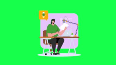 Sandalyeyle oturup stüdyoda cep telefonuyla konuşan gündelik elbiseli genç bir kadın. Akıllı telefonu ve kablosuz kulaklığı olan dizüstü bilgisayar kullanan bir kadın karakter. konsept