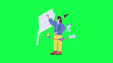 Gözlüklü bir adam ve yeşil arka planda dizüstü bilgisayarı olan yeşil gömlekli bir adam..