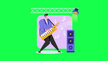 DJ müzik çalıyor. Müzik çalan bir DJ 'in düz vektör çizimi.