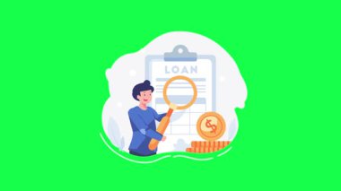 Kredi konsepti. Adam elinde para tutuyor ve akıllı telefon kullanıyor. Vektör çizimi. düz çizgi film tarzı illüstrasyon