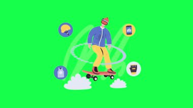 Maske takan ve tıbbi eldiven takan bir gencin cep telefonu, uzaktan kumanda ve scooter kullanması.,