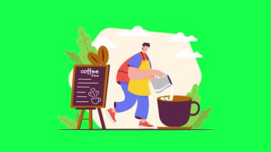 Adam elinde kahve fincanı tutuyor ve gidiyor. Çizgi film karakteri çizimi izole edilmiş vektör.