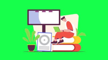 Dizüstü bilgisayarı olan bir adam kitapla oturuyor ve çalışıyor. Online eğitim, e-öğrenme, öğrenme konsepti. vektör düz çizgi film illüstrasyonu.