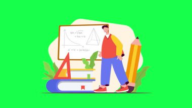 Yeşil ceketli ve dizüstü bilgisayarı olan bir öğretmen. Öğrenci eğitimi. vektör çizgi film karakteri.