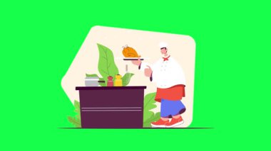 Maskeli adam mutfakta ev hanımı temizliyor, düz vektör çizimi..