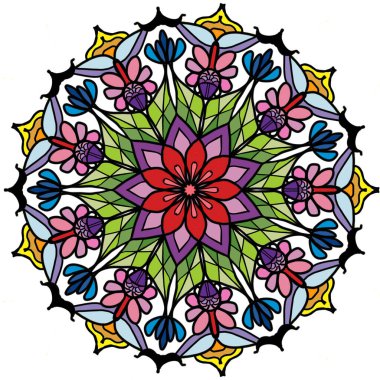 Foral Mandola Desenli Çiçekler Nazikçe. El çizimi Kusursuz Desenli Tasarım Arkaplanı. Geometri Düzensiz Etnik Hint Asya Süslemeleri, Çiçek Renkli Çiçekler.