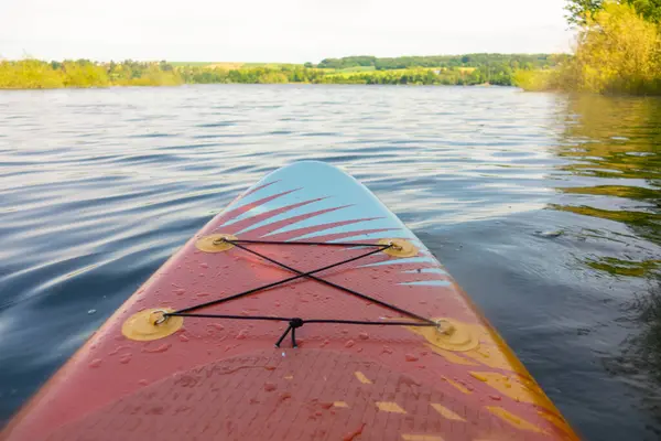 Mavi ve kırmızı desenli bir sörf tahtası suyun üzerinde yüzüyor. Su sakin ve gökyüzü berrak.