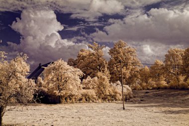 Bir ev arka planda ağaçlar olan bir tarlanın ön planındadır. Gökyüzü bulutlu ve güneş görünmüyor.