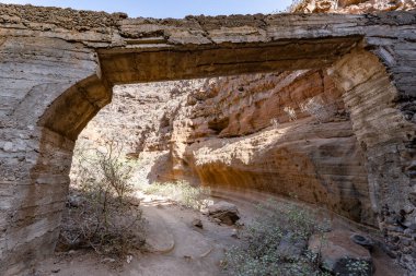 Taştan yapılmış bir köprü küçük bir açıklıktan görülür. Köprü kavisli ve güneş ışığı içinden parlıyor. Huzurlu ve huzurlu bir sahne.