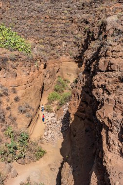 Bir grup insan kayalık bir kanyonda dar bir yolda yürüyor. Yol ağaçlarla kaplı ve kanyon duvarları dik ve kayalık. Sahne maceralı ve heyecan verici.